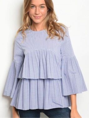 A323. Blue & White Striped Tiered Ruffle Blouse